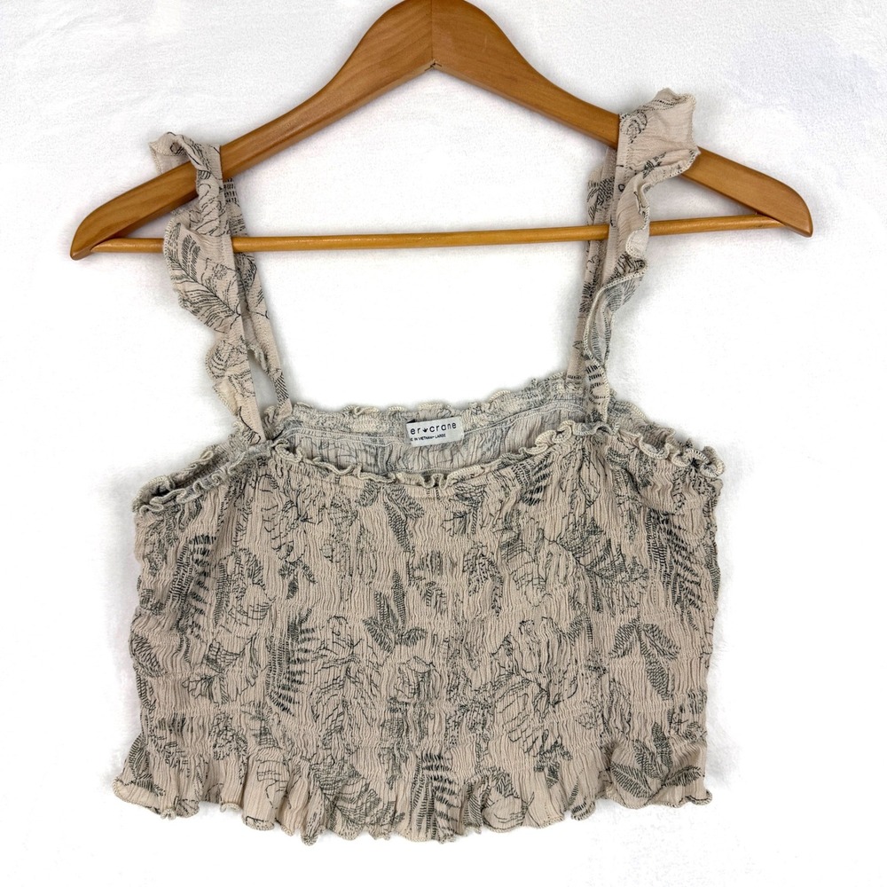 Paper Crane Womens Large Tan Black Botanical Smocked Ruffle Crop Top C91250DT